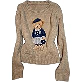 BEAUDRM Women's Teddy Bear Sweater Cute Graphic Lightweight Sweater Crew Neck Long Sleeve Pullover Knit Tops