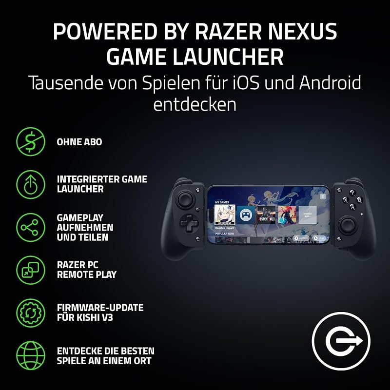 Kishi V3 - Fullsize Mobil-Controller für iPhone und Android Smartphones - USB-C Plug-and-Play - Anti-Drift Analogsticks - 12 Tasten - Sensa HD Haptics - Nexus Game Launcher, Schwarz