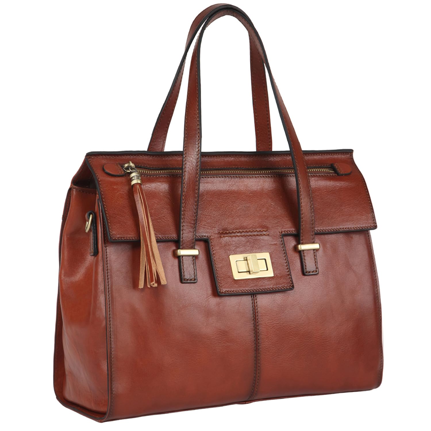 Banuce Full Grain Italian Leather Purses for Women Satchel Handbags with Tassel Twist Lock Detachable and Adjustable Strap Vintage Stylish Brown