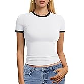 YUCOLEN Women's Short Sleeve Shirts Crew Neck Color Block T Shirt 2025 Summer Crop Tops Slim Fit Basic Tee Tops