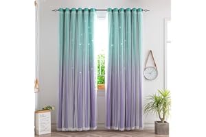 Yancorp Kids Curtains for Girls Bedroom Princess Curtains for Daughter Room 96 Inches Long Star Curtains with Tieback & 3 Bowties(Purple Teal,W52*L96),1 Panel