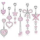 WINSENET 14G Belly Button Ring Dangle Belly Button Piercing Surgical Stainless Steel Belly Rings Cute CZ Heart Butterfly Flower Dangling Belly Piercing Jewelry for Women 7Pcs