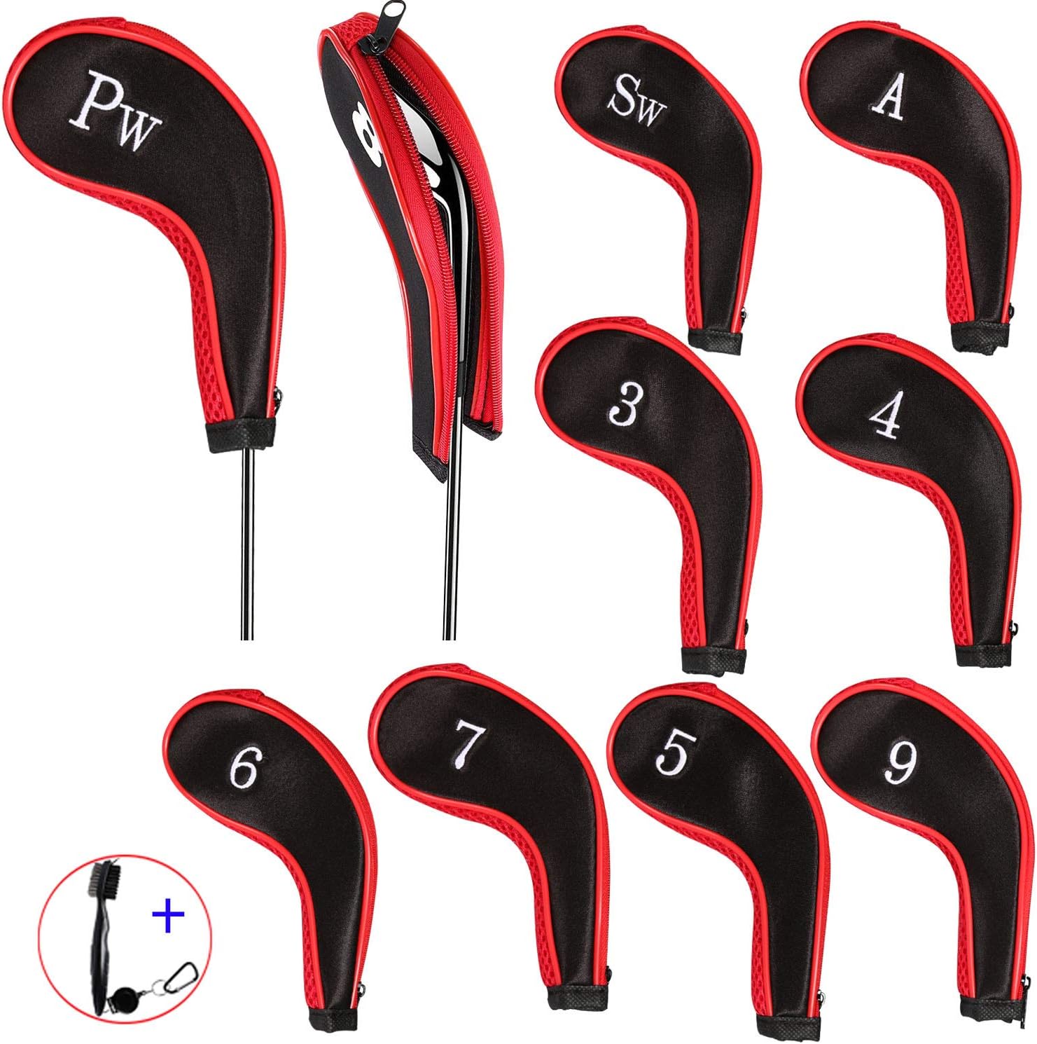 EDATOFLY 10 Pieces Golf Iron Head Covers Long Neck Number Printing Irons Head Covers Set and 1 Piece Golf Iron Club Brush (Black+Red)