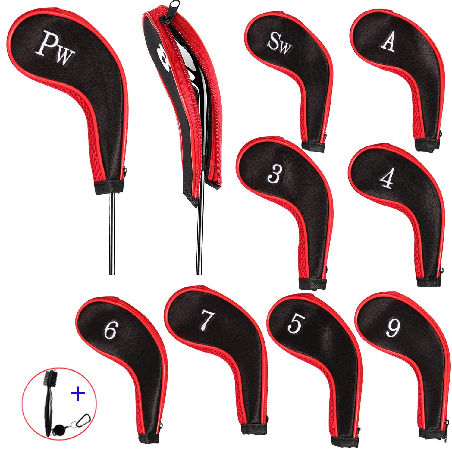 EDATOFLY 10 Pieces Golf Iron Head Covers Long Neck Number Printing Irons Head Covers Set and 1 Piece Golf Iron Club Brush (Black+Red)