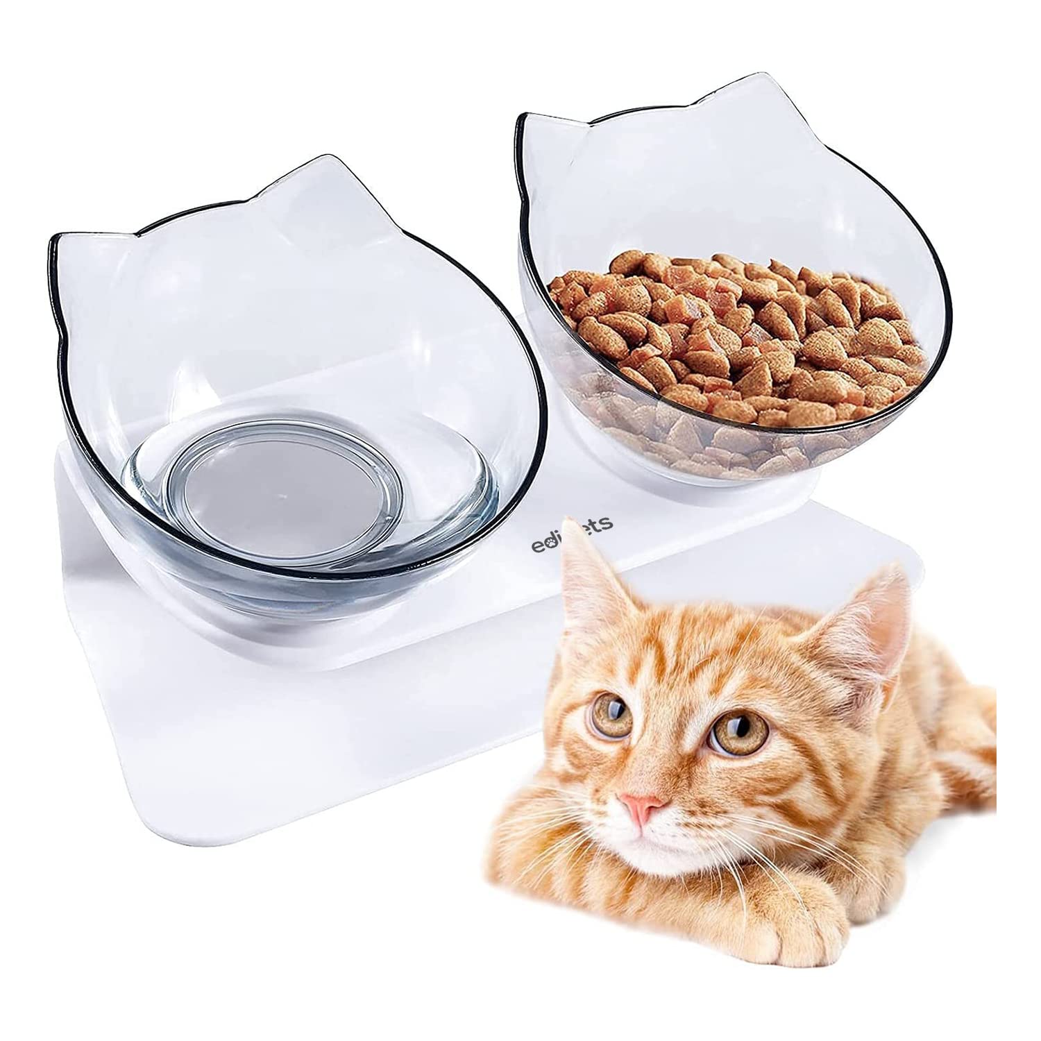 Edipets, Cat Bowl, with Stand Tilted, 15º, Raised, Double Plastic Bowl, Anti Vomiting, White and Translucent, Anti Slip, Feeding and Watering Bowls