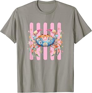 Striped Summer Crab Girly Women Pink Preppy Beach Vacation T-Shirt