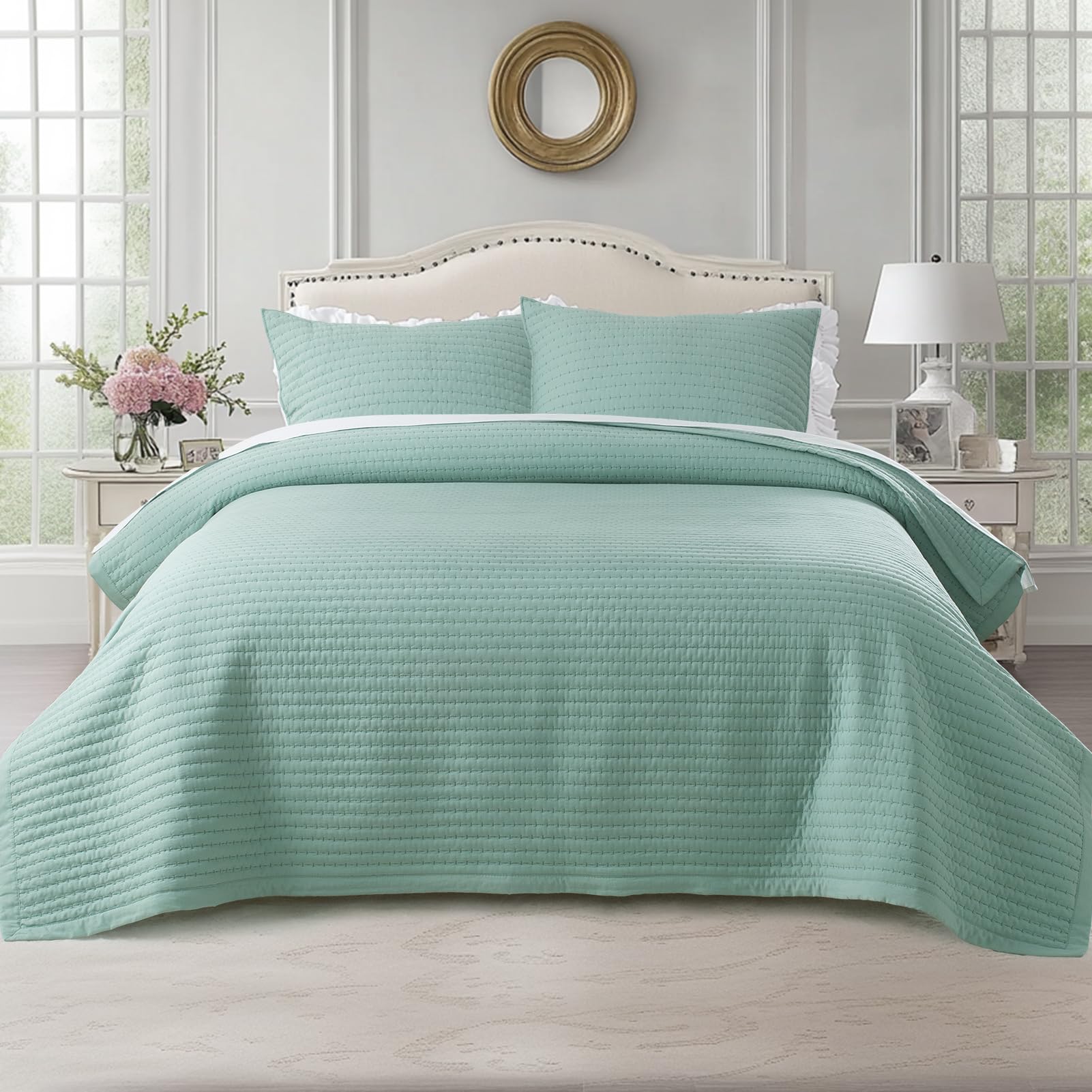 KASENTEX King XL Quilt Set 108"x98" – Soft Washed 3-Layer Lightweight Bedspread, Minimalist Nordic Design, All-Season Spring & Summer Quilt Set (1 Quilt + 2 Pillow Shams), Green