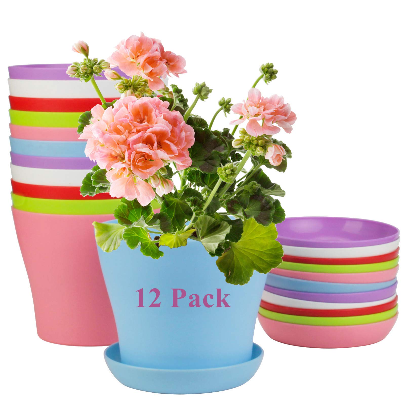 12 Pack Flower Pots Indoor with Saucers,5.5 Inch Plastic Planter Pots with Drainage, Perfect Plant Container for Seedlings/Nursery/Starting Plants, (6 Colors)