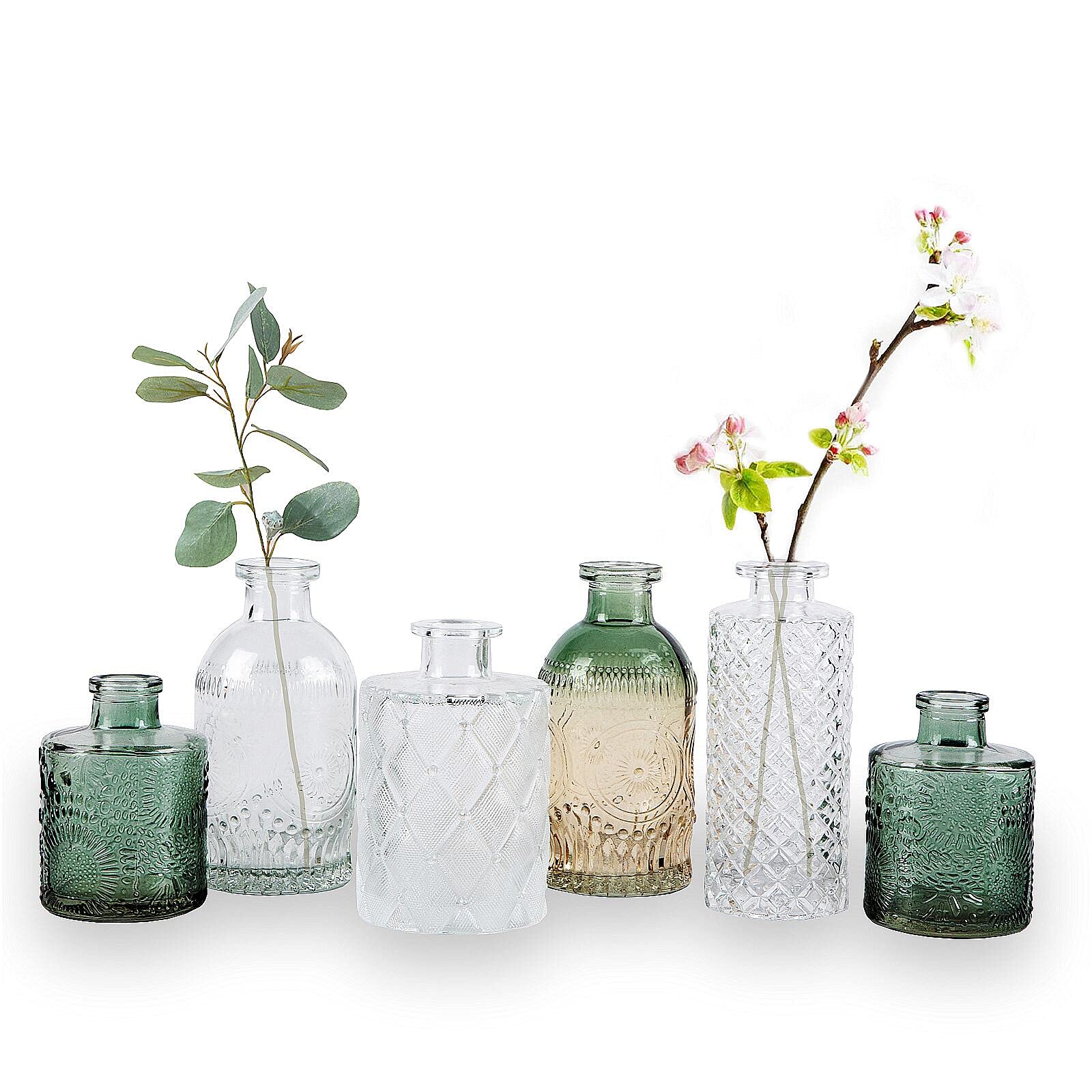 WILDMOS Bud Vase Set of 6, Small Flower Vases for Decorative, Gradient Glass and Embossed Vintage Style Mini Bottles for Home Décor, Centerpiece 3.3"-5.2''H(Clear+Green)