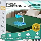 OhGeni 100% Waterproof Mattress Protector, Queen Size Green, Fitted Sheet with Deep Pockets, 6''-18'', Premium Noiseless Breathable Soft Material, Mattresses Cover for Bed
