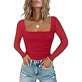 Chunpin Women's Bodysuits Square Neck Long Sleeve Bodysuits Mesh Ruched Thong Body Suit Outfits Going Out Tops