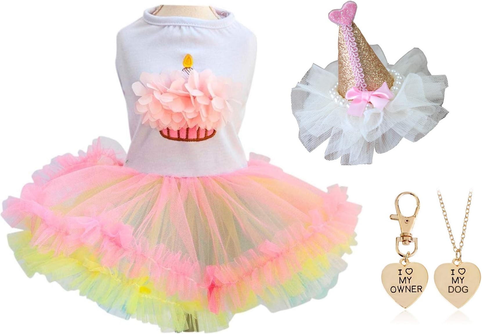 Ollypet Pack of 2 Cute Clothes for Small Dogs Tutu Dresses for Girls Cupcake Birthday Hat Pet Apparel Cats Puppy Summer