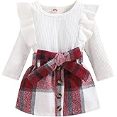 Noubeau Toddler Baby Girls Plaid Outfits Knit Ribbed Sweatshirt Shirt Tops Red Plaid Belt Skirt Fall Winter Clothes