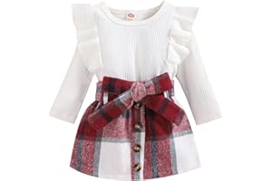 Noubeau Toddler Baby Girls Plaid Outfits Knit Ribbed Sweatshirt Shirt Tops Red Plaid Belt Skirt Fall Winter Clothes