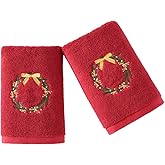 YiLUOMO Red Hand Towel Set of 2 Christmas Wreath Embroidered Highly Absorbent 100% Cotton Super Soft Decorative Hand Towels for Bathroom Home Hotel Spa 13 x 29 Inch