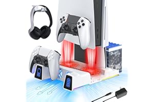 NexiGo PS5 Slient Cooling Stand with RGB LED Light, Dual Charging Station Compatible with DualSense Edge Controller, Hard Dri