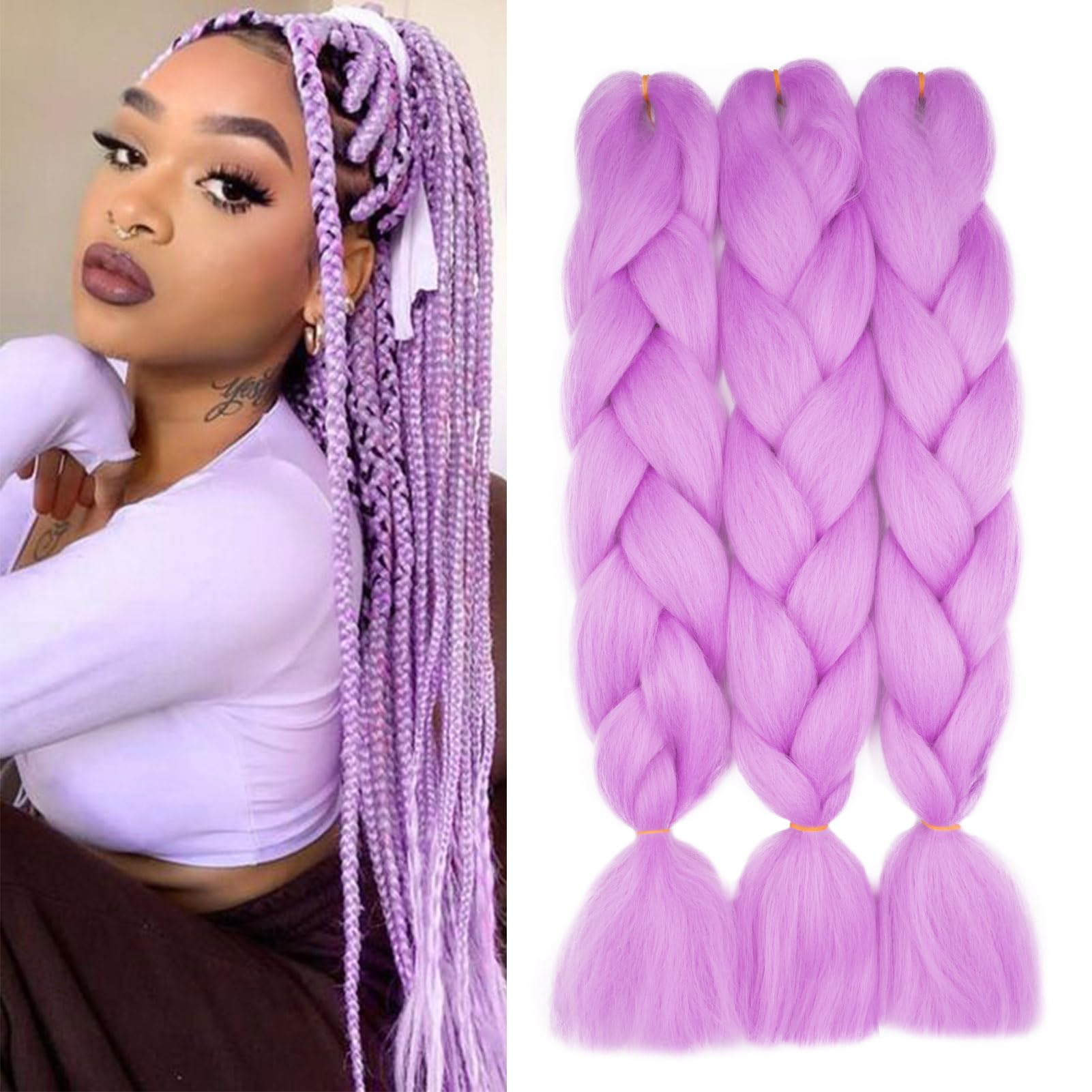 Gairyan Jumbo Braiding Hair Extensions 24 inch 3PCS 300g Ombre Jumbo Braids Hair Extensions Synthetic Coloured Hair for Braiding Extensions Afro Box Braids Crochet Twist, Light Purple โ image 1