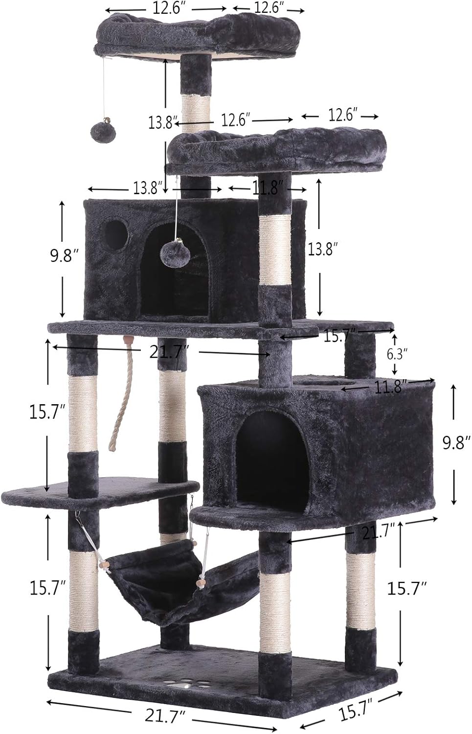 Hey-brother Large Multi-Level Cat Tree Condo Furniture with Sisal-Covered Scratching Posts, 2 Bigger Plush Condos, Perch Hammock for Kittens, Cats and Pets Smoky Gray MPJ020G : Pet Supplies