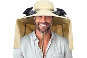 Chuarry Wide Brim Sun Hat with 2 Fan Outdoor Solar Powered USB Charging Fishing Hat with Neck Flap for Men Women
