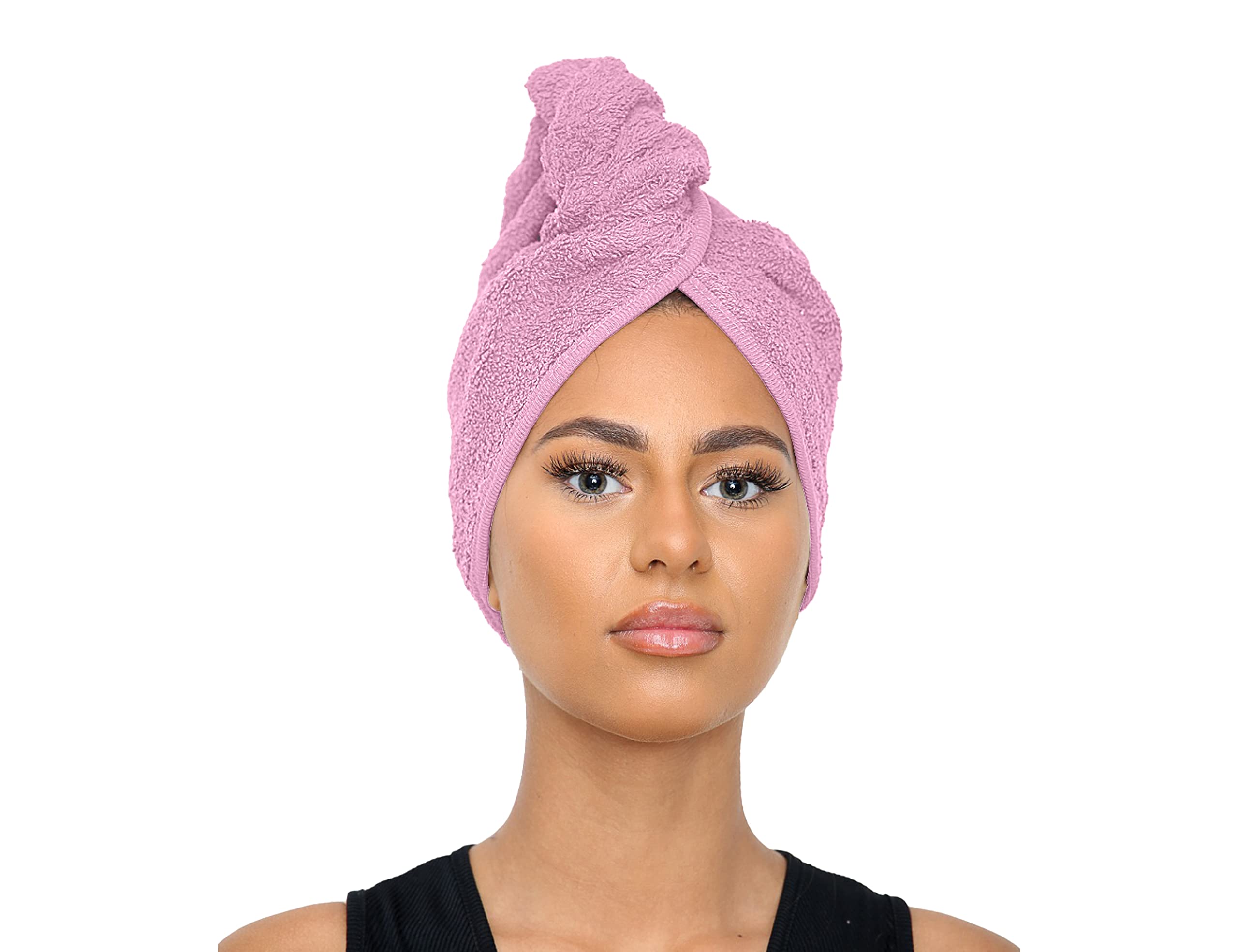 Sapphire Collection Hair Drying Towels - 100% Pure Terry Cotton Soft Towel Wraps with Loop & Button for Long Hairs (Pink)