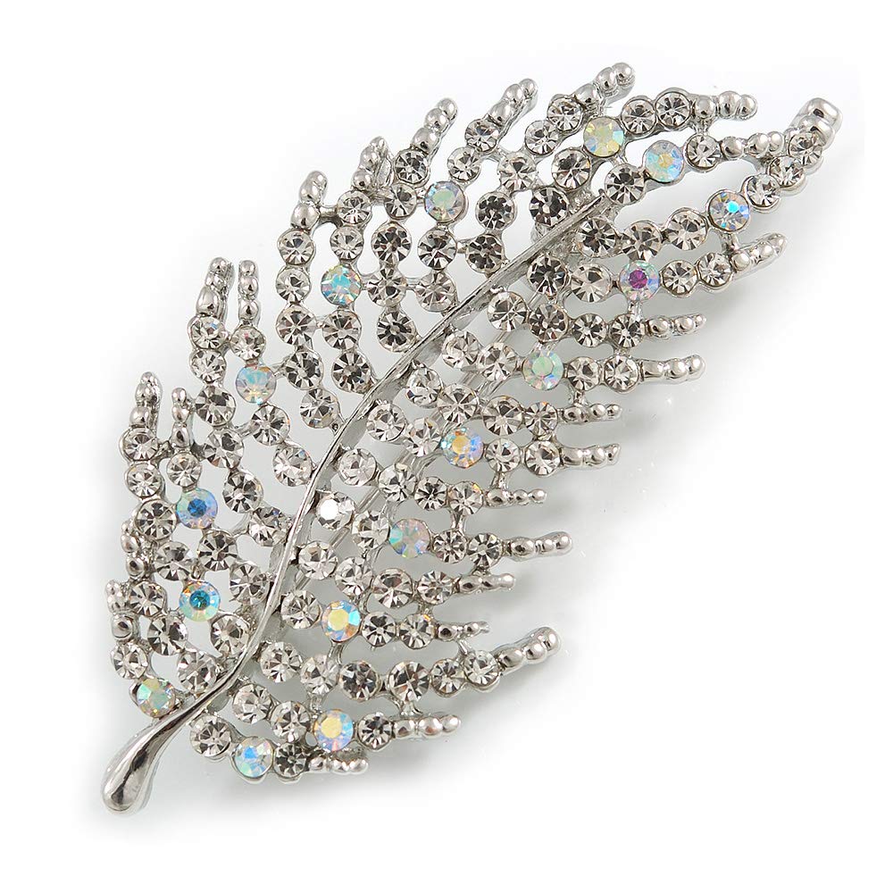 Statement Clear/Ab Crystal Leaf Brooch In Silver Tone - 70mm Long