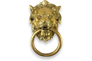 LoveNspire Lion Head Brass Door Knocker Authentic Vintage Unique Front Door Holder with Gold Finish Rare Solid Door Accessories for Home Decor Housewarming Gift
