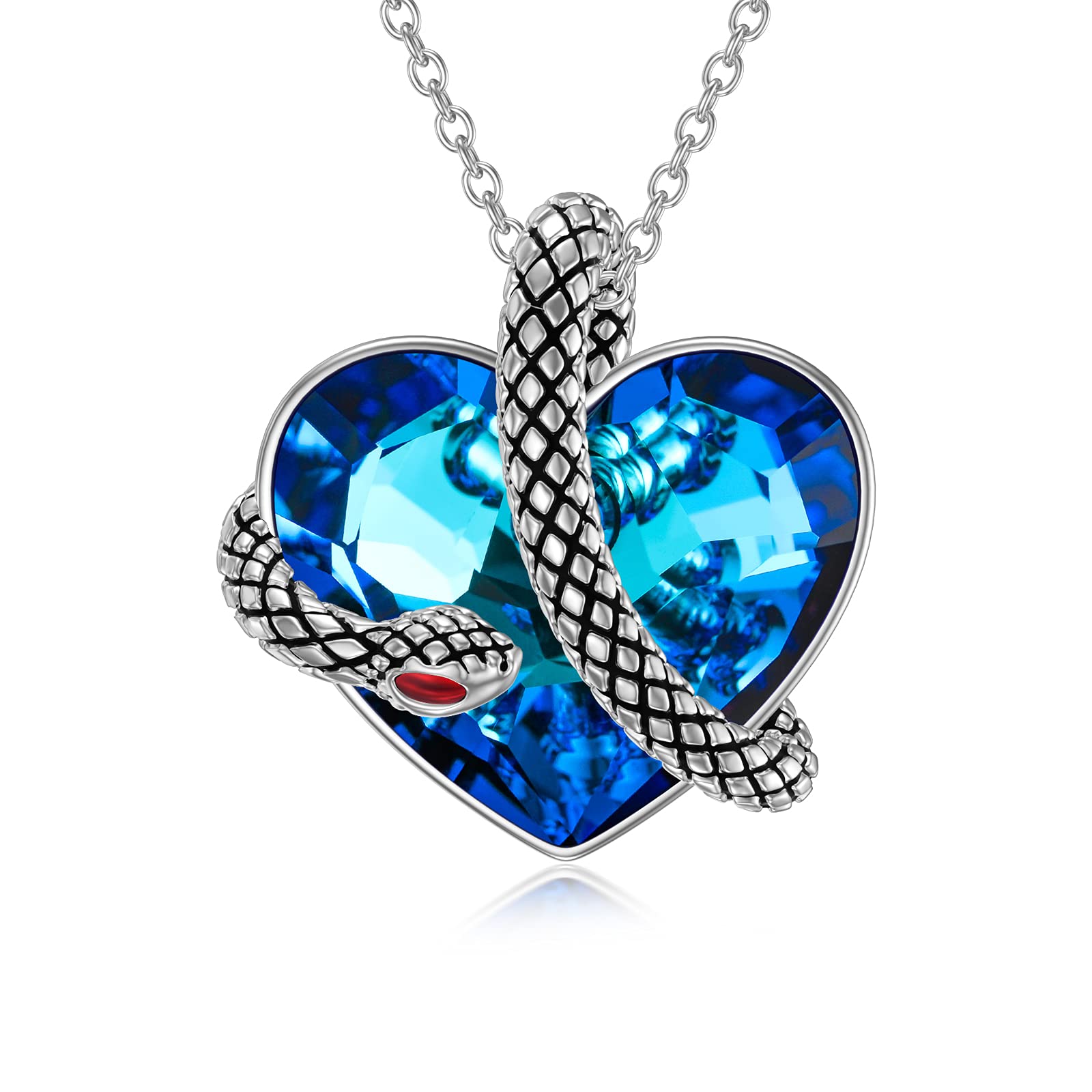 URONE Snake Heart Pendant Necklace for women Sterling Silver Snake Pendant with Blue Crystal from Austria Snake Pendant Necklace 18+2inch Jewellery Gifts for Wife Mum Girlfriend