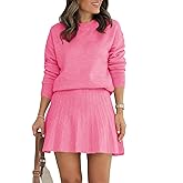 Tankaneo Womens Skirt 2 Piece Sweater Set Long Sleeve Crewneck Sweaters Pleated Mini Skirt Knit Lounge Sets