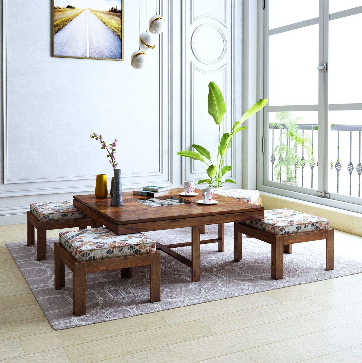 Springtek Dreamer Solid Wood Coffee Table with 4 Stools (Finish Color