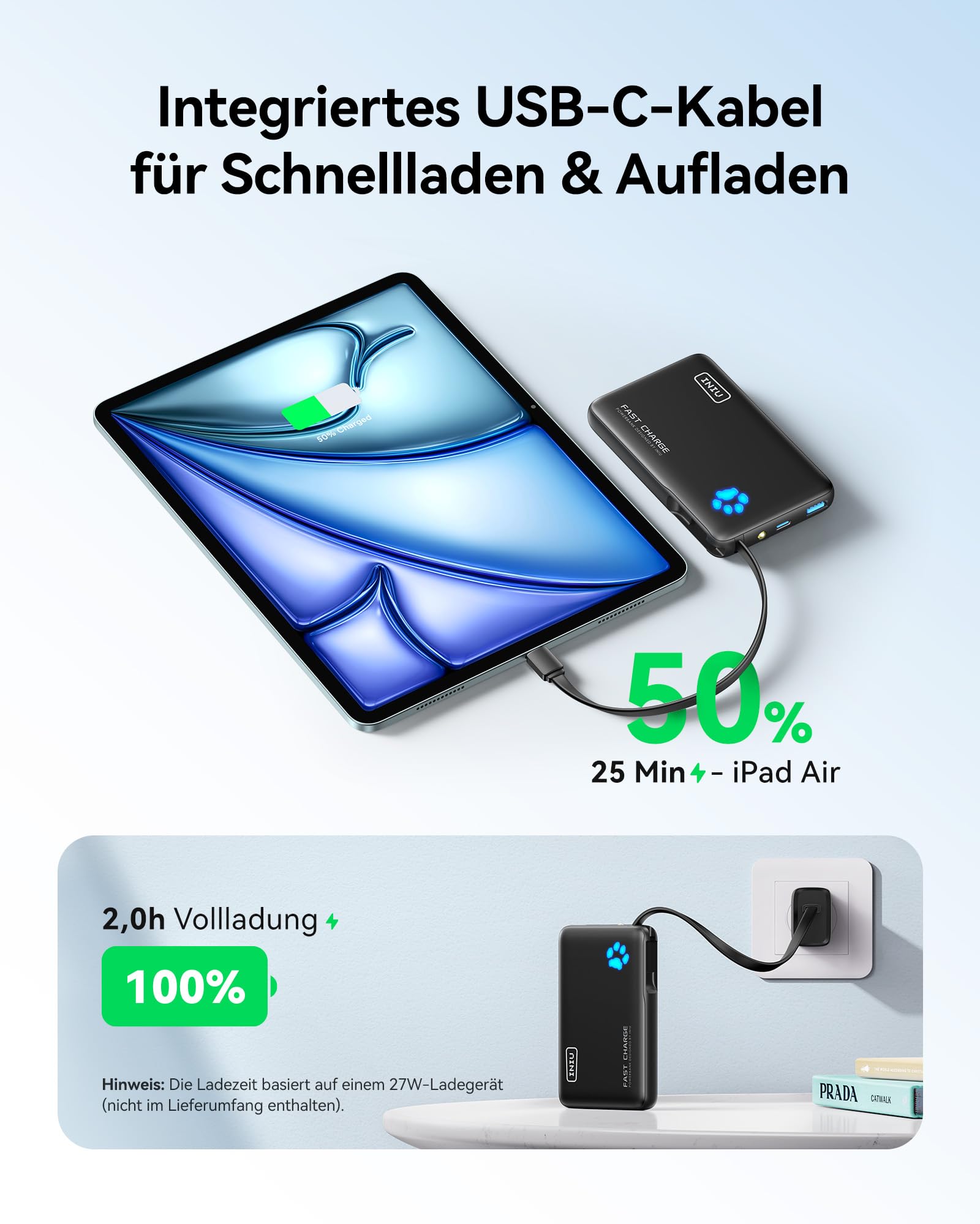 INIU Power Bank, 45W Schnellladen Mini Größe PowerBank, 10000mAh Externe Handyakkus mit Integriertem USB C Kabel, Flugzeug Geeignet, Reise Essential für iPhone 17 16 15 14, Xiaomi, Samsung, iPad, etc. 4