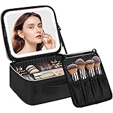 Chomeiu Makeup Bag with LED Mirror, Travel Makeup Case for Women and Makeup Artists Cosmetic Organizer Large Make Up Bags with Light Up Mirror, 3 Color Lights, Adjustable Dividers and Brush Holder