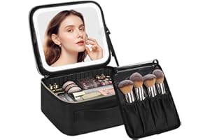 Chomeiu Makeup Bag with LED Mirror, Travel Makeup Case for Women and Makeup Artists Cosmetic Organizer Large Make Up Bags with Light Up Mirror, 3 Color Lights, Adjustable Dividers and Brush Holder