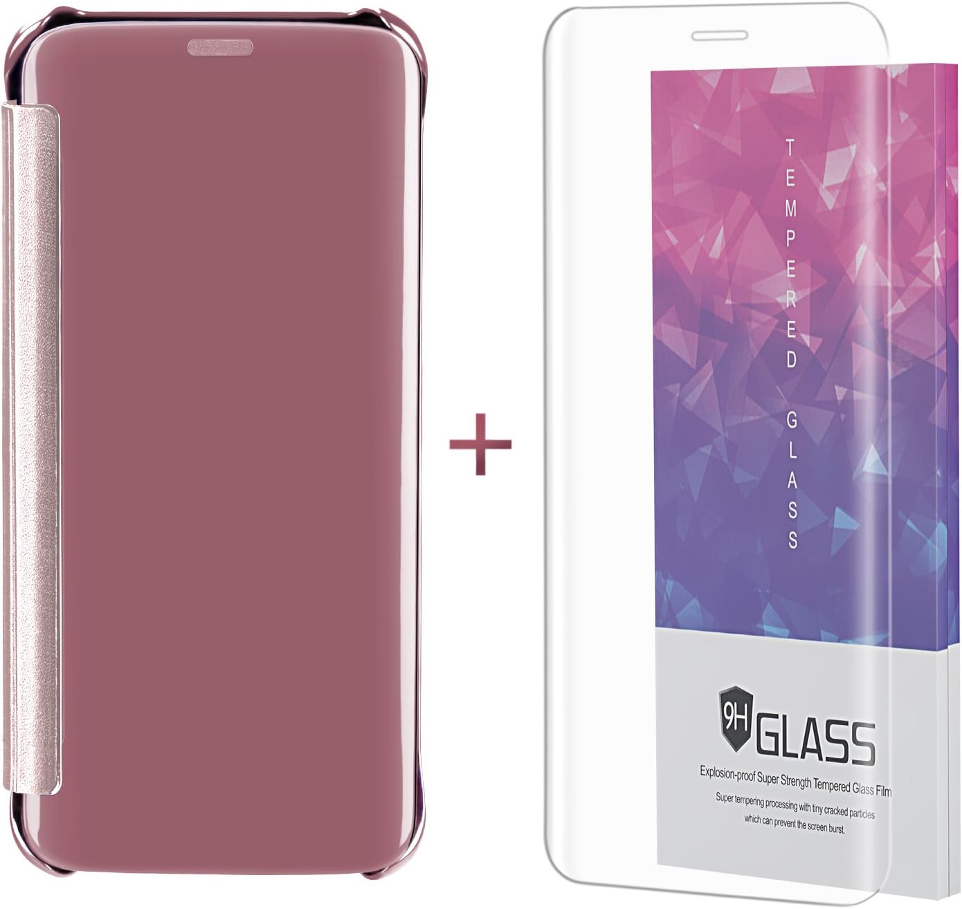 Hanglong Clear View Flip Case For Samsung Galaxy S8 Plus (with one Tempered Glass Screen Protector)-Rose Gold