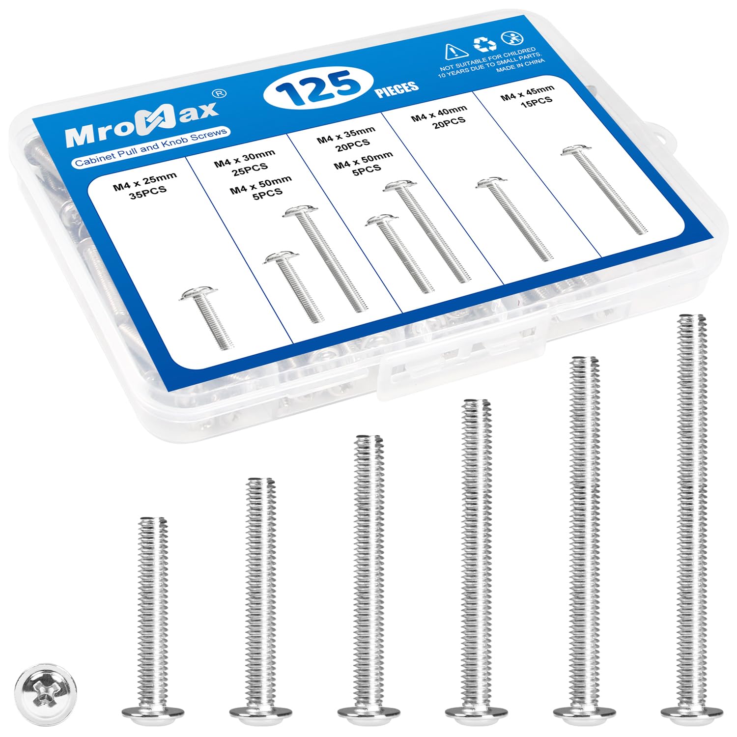 Photo 1 of 125Pcs M4 Knob Screws Assortment Kit, Cabinet Pull and Knob Screws, M4x25/30/35/40/45/50mm, Metal Phillips Machine Screws with Pan Washer Head for Drawer, Cupboard, Closet Handle Knob Installation
