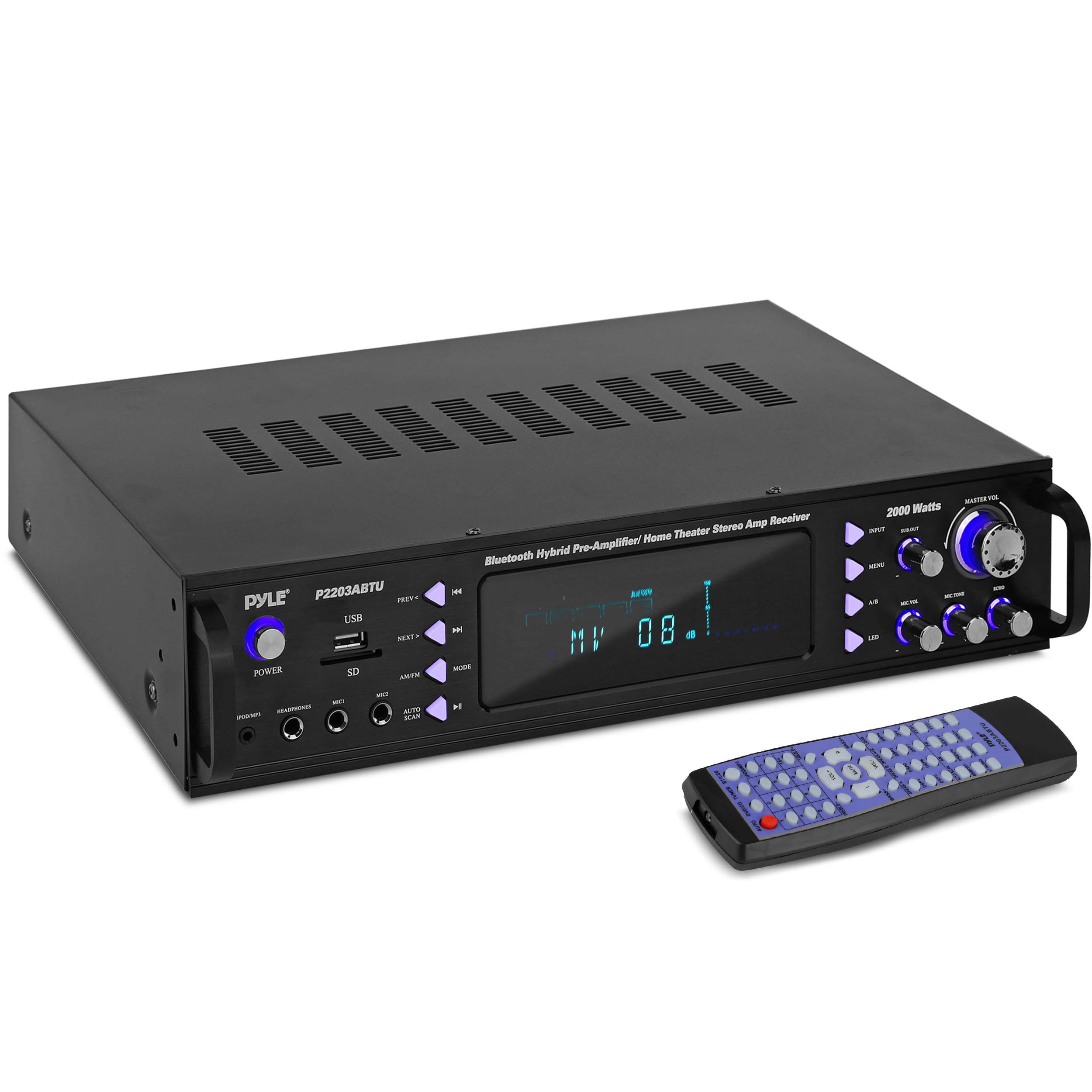 Photo 1 of Pyle 4-Channel Bluetooth Home Power Amplifier - 2000 Watt Audio Stereo Receiver w/Speaker Selector, AM FM Radio, USB/SD Card Reader, Karaoke Microphone Input - Home Entertainment System P2203ABTU.6