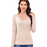 Ganado Long Sleeve Shirts for Women Lace V Neck Thermal Shirt Fitted Basic Tops Plain Layering Undershirts