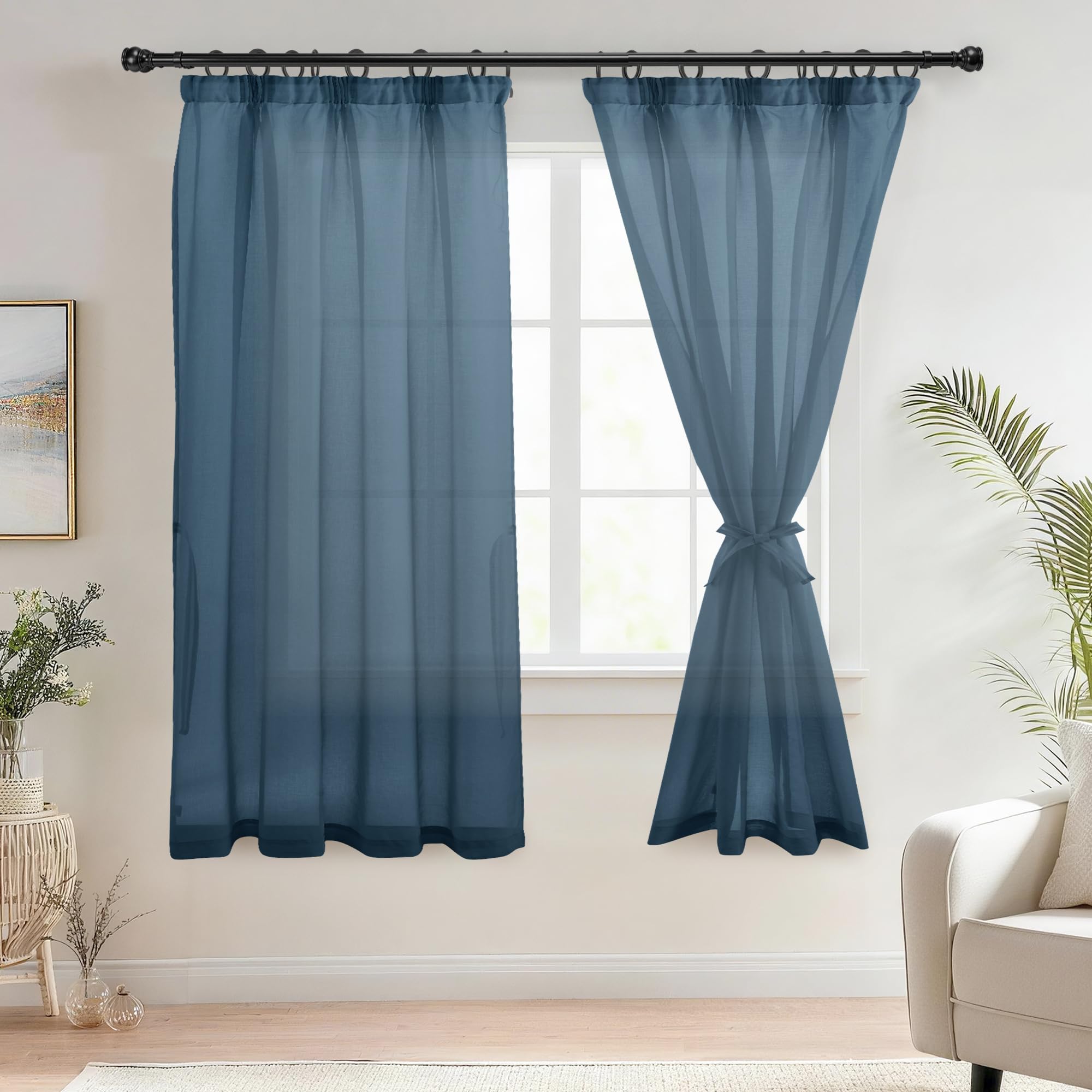 DWCN Voile Curtains with Tiebacks Voile Net Curtains for Window Sheer Curtains Pencil Pleat for Living Room 2 Panels, Blue, W46 x L72 Inch
