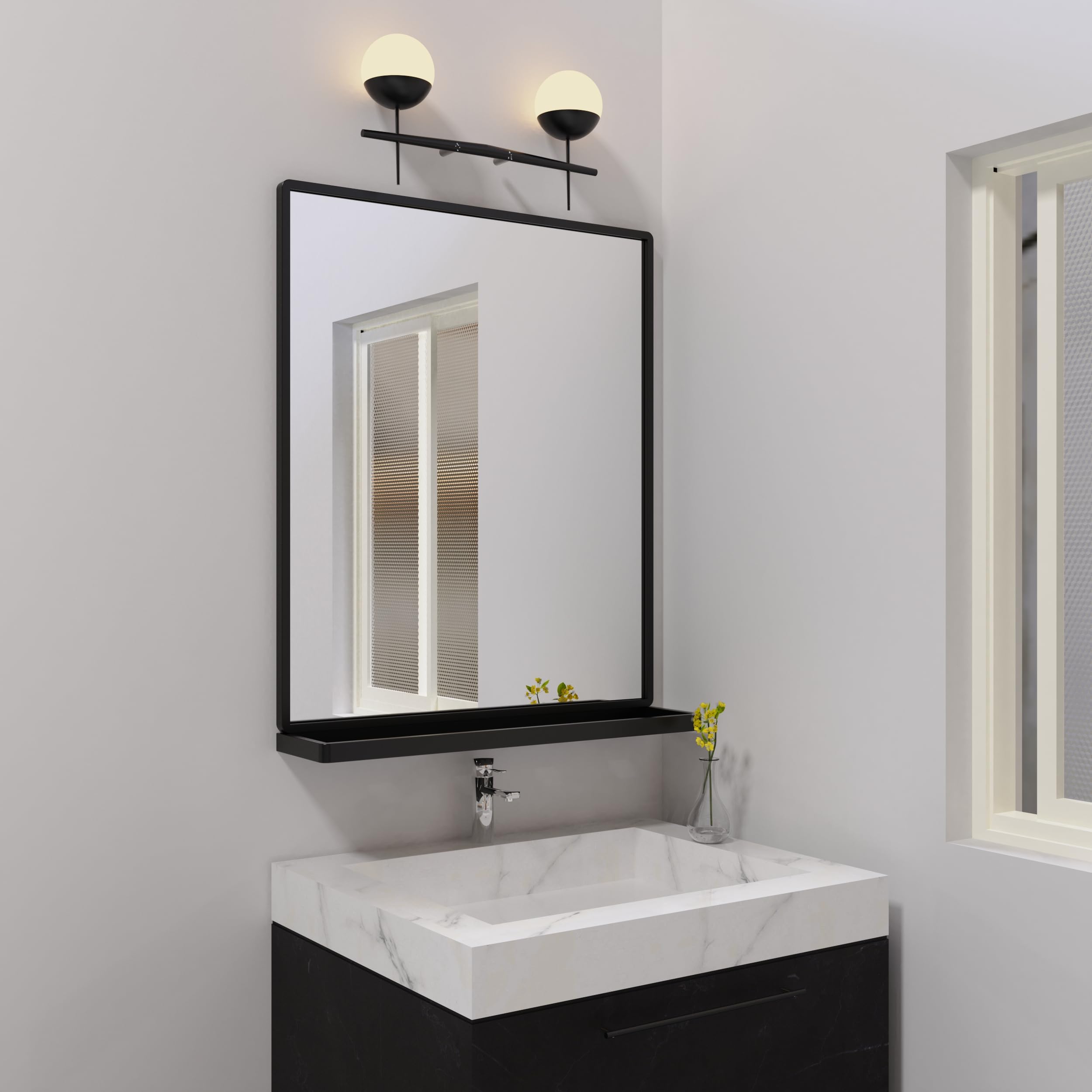 ANYHI Silver Bathroom Wall Mirror with Shelf, 30"x36" Aluminum Frame ...