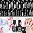 Beetles Gel Nail Kit - 600Pcs 15 Sizes Medium Almond Tips With Pink Color Gel Top Coat, Soft Clear Press-on, 5-in-1 Glue, UV Lamp - Easy Extension Set for Women