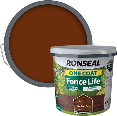 Ronseal One Coat Fence Life Medium Oak 5L Protection Colour Rough Sawn Fences