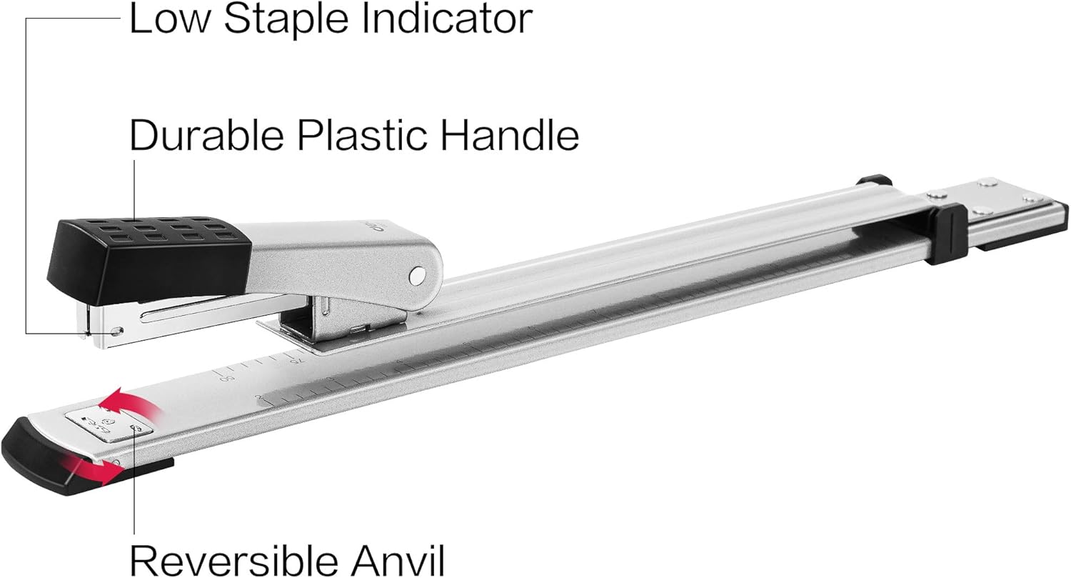 Deli Long Reach Stapler, 25 Sheet Capacity, Long Arm Standard Staplers for Booklet or Book Binding, Silver : Office Products