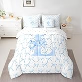 7 Pcs Cartoon Bowknot Kids Comforter Full Size,Blue Bow Tie Letter L Knot Princess Girls Bedding Set,Watercolor Bow Patchwork Blue White(Comforter+Fitted+Flat+2 Pillowcases+2 Throw Pillow Covers)