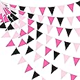 32Ft Rose Hot Pink Black Pennant Banner Fabric Triangle Flag Cotton Bunting Garland for Minnie Mouse Birthday Wedding Anniversary Party Home Nursery Outdoor Garden Hanging Festivals Decoration (36Pcs)
