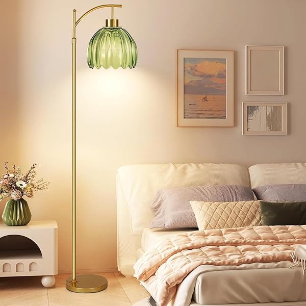 QIYIZM GREEN FLOOR LAMP FOR LIVING ROOM,BEDROOM,GOLD DIMMABLE STANDING LAMP WITH REMOTE,MID CENTURY MODERN BRASS TALL LAMP BOHO FLOOR LAMPS ARC STAINED GLASS FLOWER LIGHT BOHEMIAN