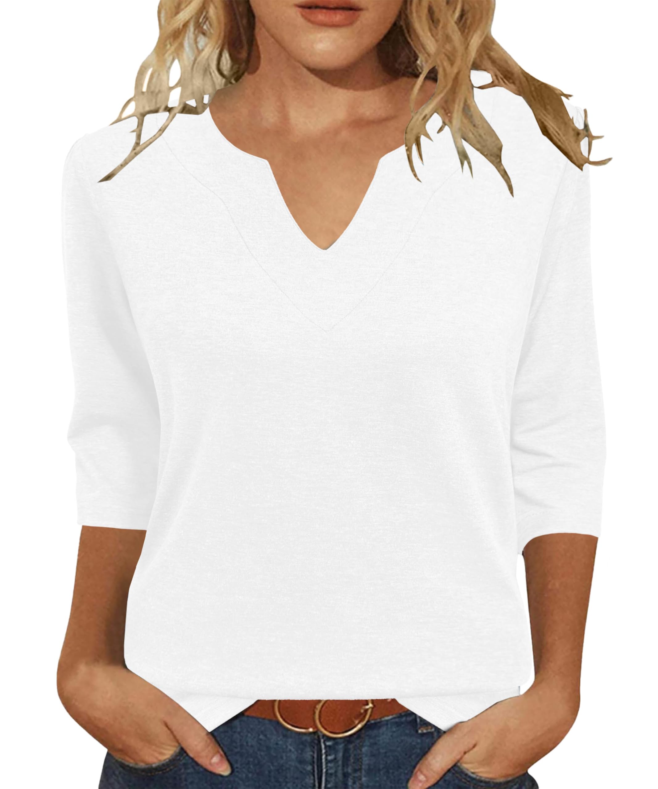 Photo 1 of JomeDesign Ladies Tops Womens 3/4 Sleeve Tunic Blouses Casual V Neck Shirts White S