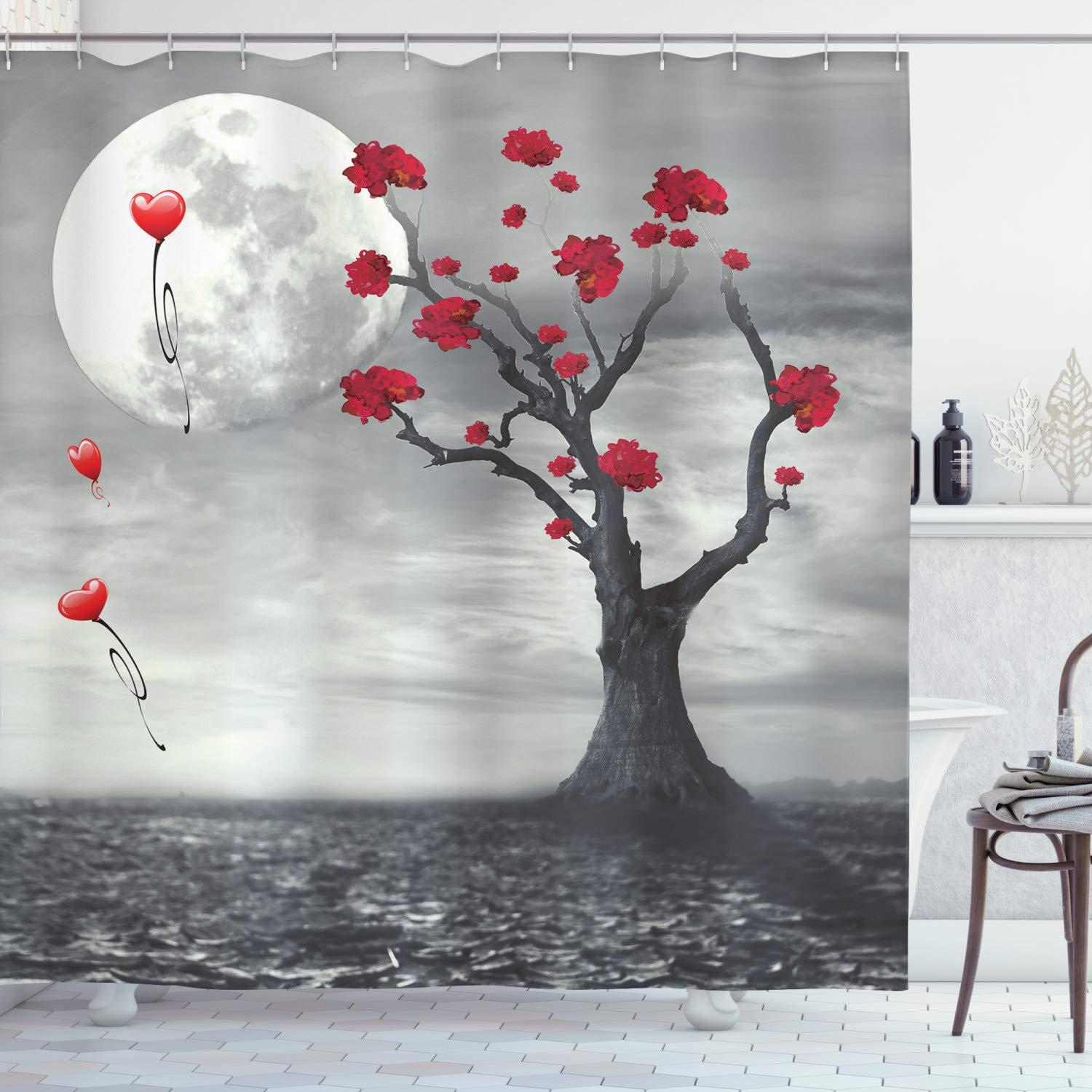 ABAKUHAUS Tree Shower Curtain, Lonely Nature Theme Vibrant Flowers Romantic Full Moon Night Love Scene, Cloth Fabric Bathroom Decor Set with Hooks, 86 Inches Extra Long, Grey Vermilion and White