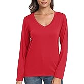 PRIMODA Women's V Neck Long Sleeve Shirts Classic Loose Fit T Shirt Top