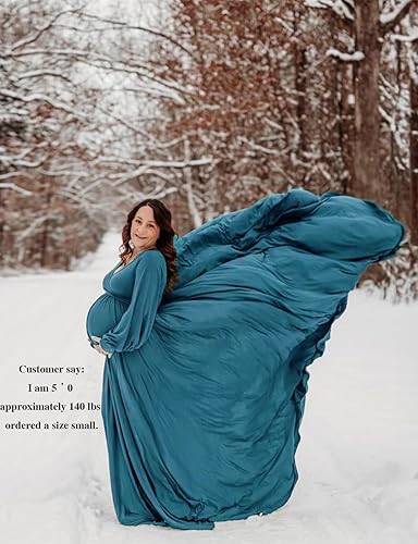 Maternity Gown Bishop Sleeves Baby Shower Dress Wrap Side Slit Sweetheart  Maxi Photo Shoot for Photography（Spruce Blue XL ） in Saudi Arabia