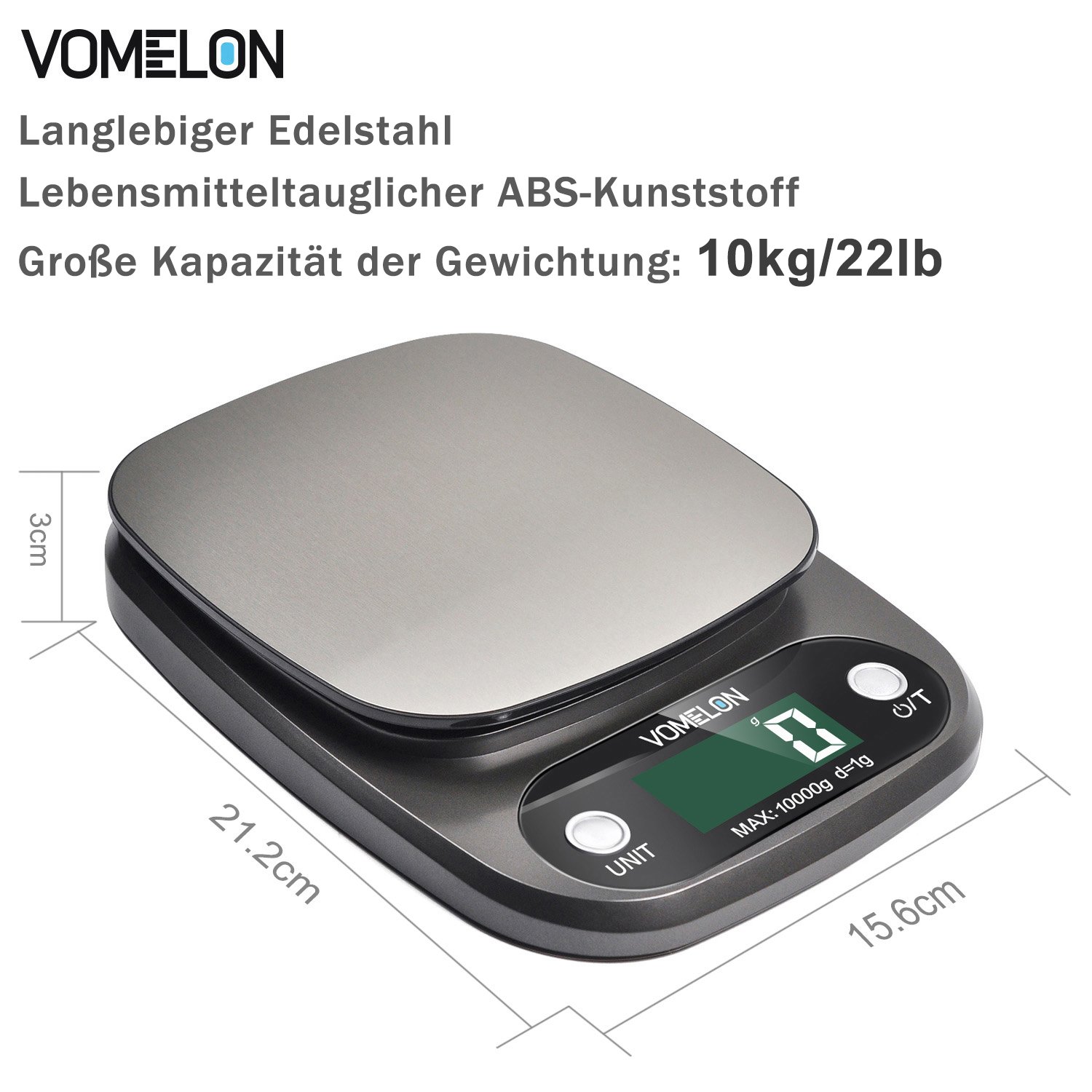 Elektronische Küchenwaage,10kg x 1g, Elektronische Waage mit Größerer Plattform Edelstahloberfläche, Tara-Funktion, Großes LCD-Display