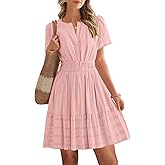 BTFBM Womens Spring 2026 Casual Mini Dresses Lightweight Short Sleeve V Neck Elastic Waist Cute Boho Beach Dress Pockets